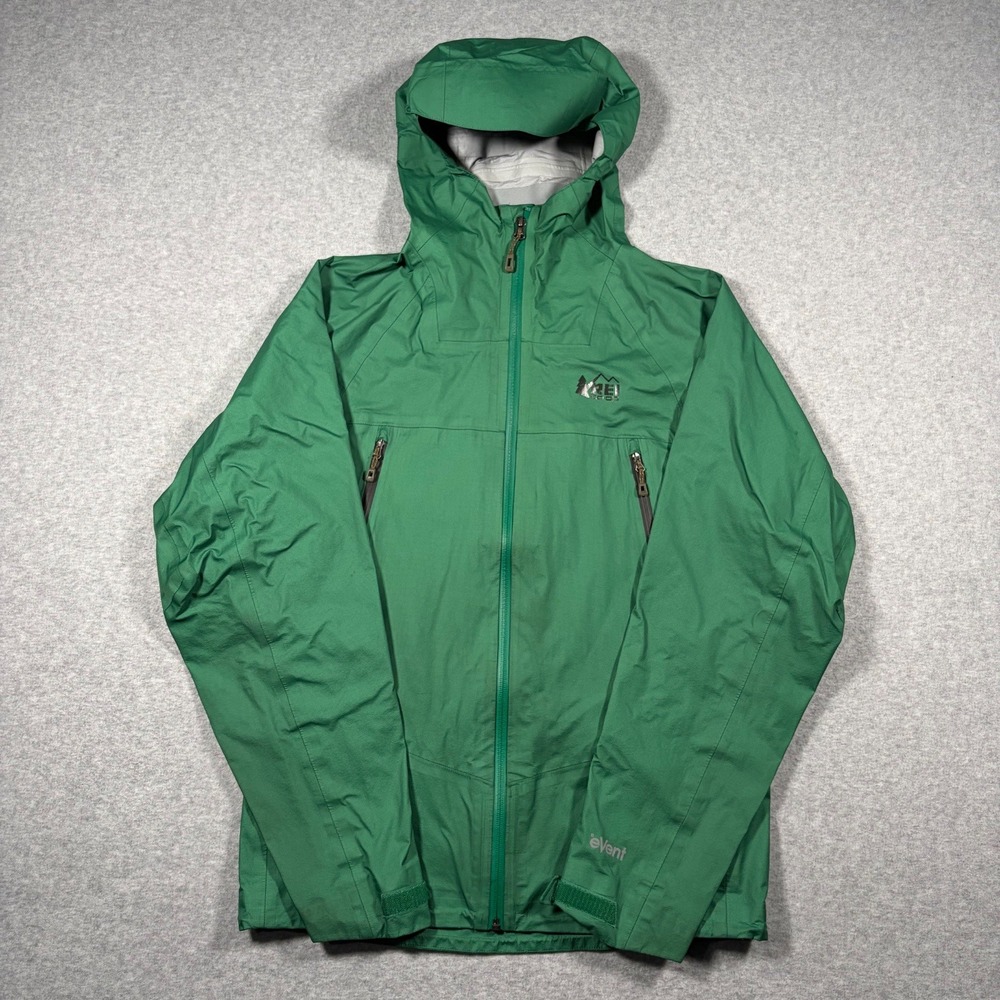 REI Co-op eVent Rain Jacket Mens Small Green Hooded Waterproof Outdoor Shell